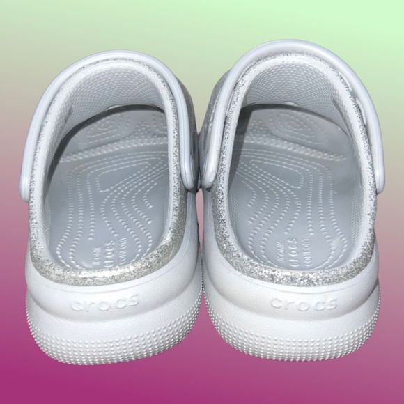 NWOB Crocs Atmosphere/Silver Glitter Classic Cutie Platform Clogs Size J2 - Picture 3 of 7